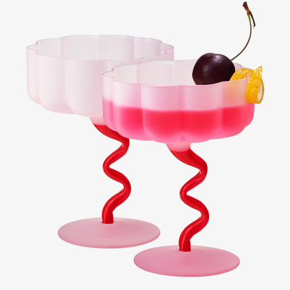 Khen - Pink + Red  Frosted Wiggly Spiral Cocktail Coupe | Double